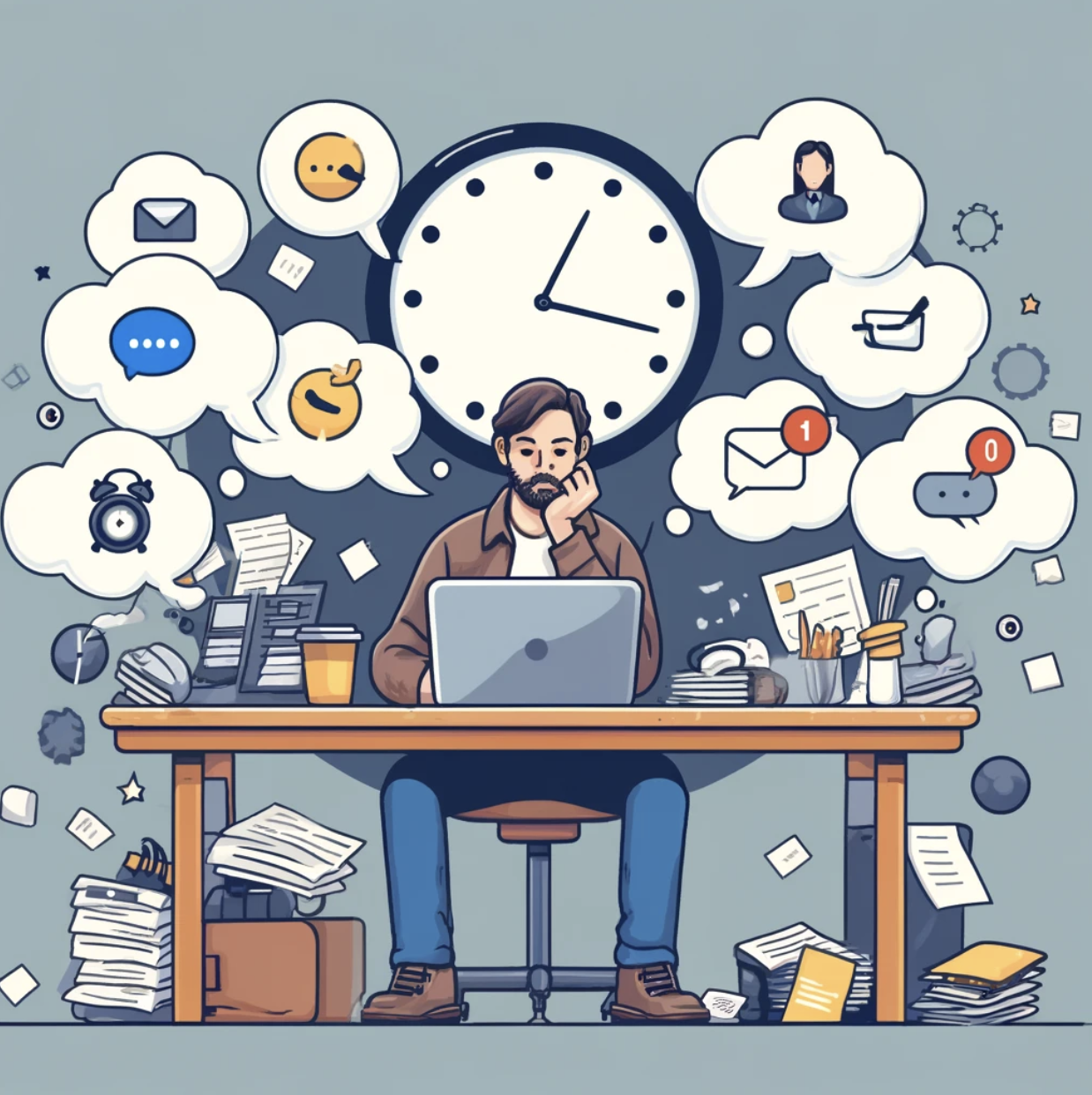 An illustration of a stressed employee sitting at a cluttered desk with a laptop. Various icons and thought bubbles surrounding him depict tasks and notifications, highlighting the overwhelming nature of constant context switching. A large clock in the background emphasizes the time pressure.