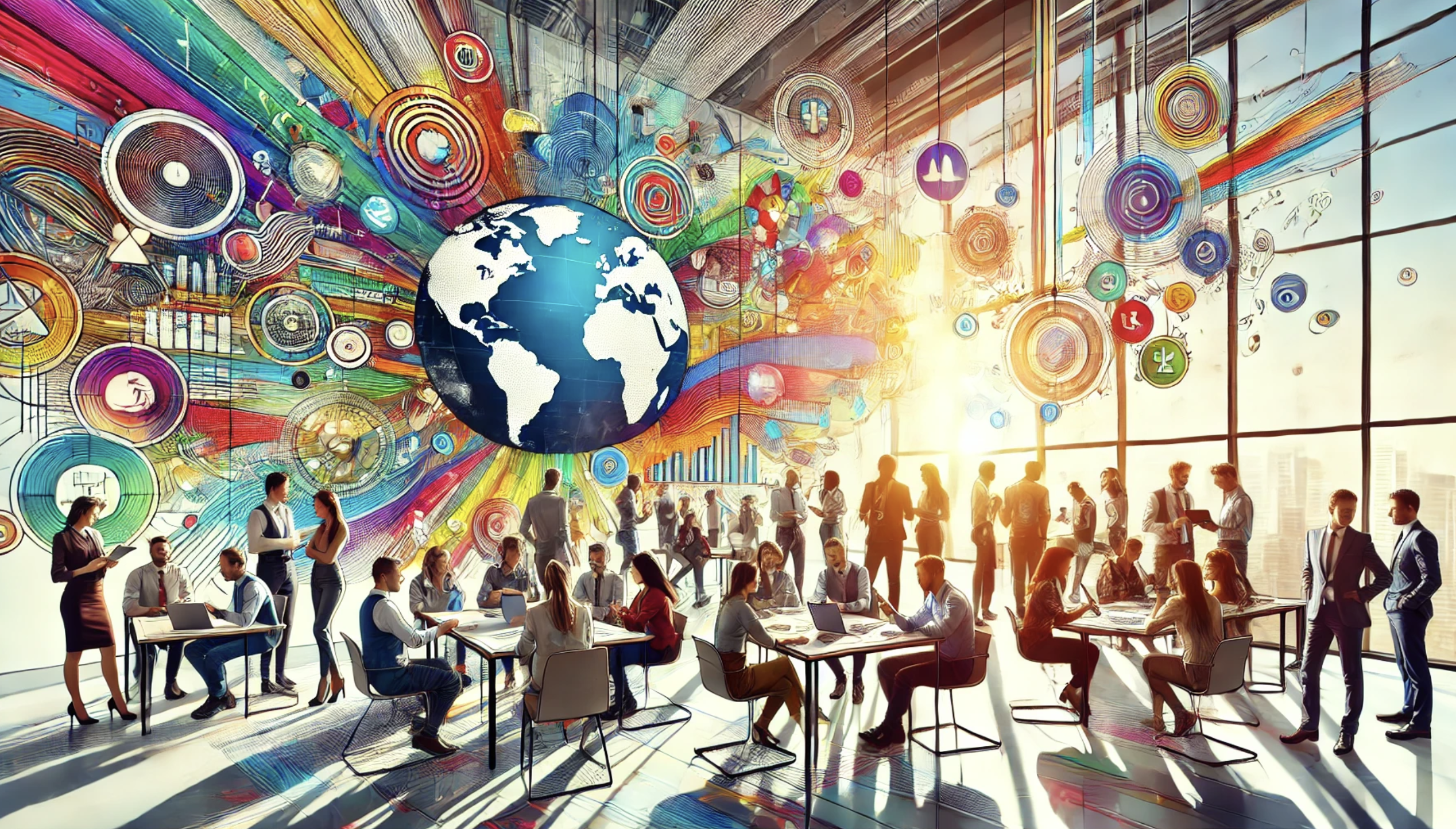 Vibrant office scene depicting a diverse group of employees collaborating in a modern workspace. The background features colorful, dynamic elements symbolizing diversity, inclusivity, and global connection, with a prominent globe at the center. Light streams in through large windows, enhancing the energetic and collaborative atmosphere. The image reflects teamwork, communication, and a positive company culture.